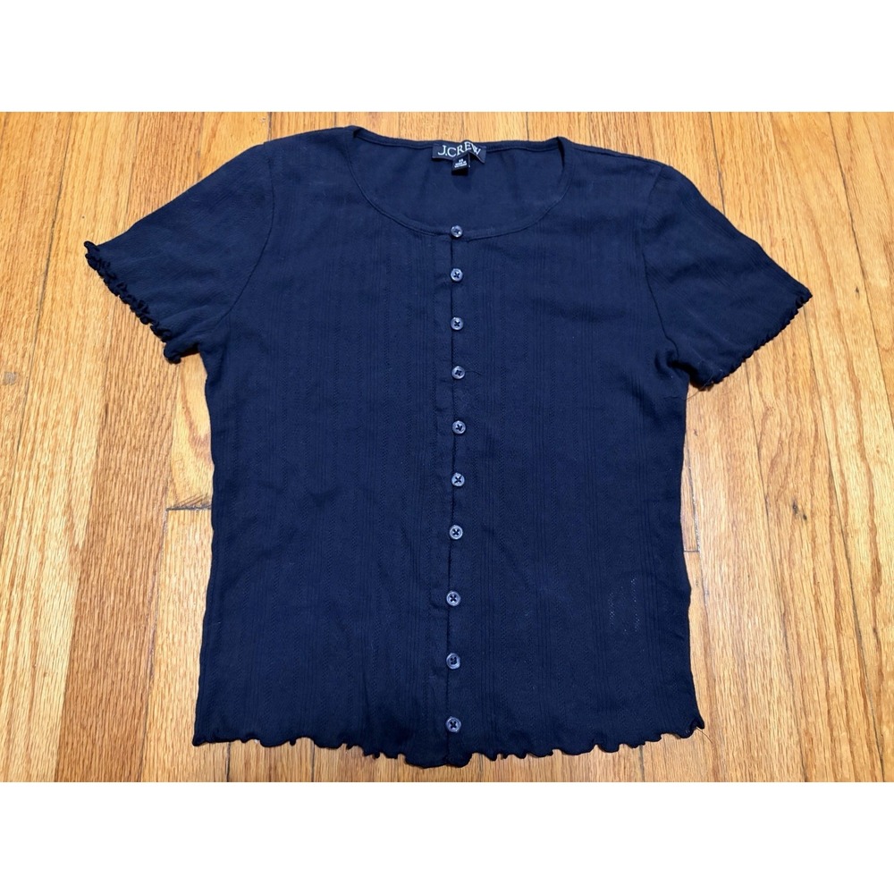 J. Crew Black Button Down Lettuce Hem Short Sleeve Blouse XS